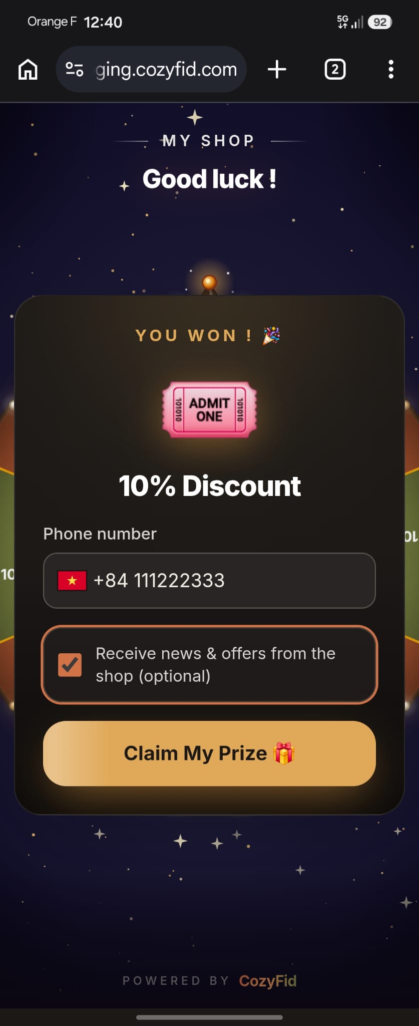 A customer's winning screen
