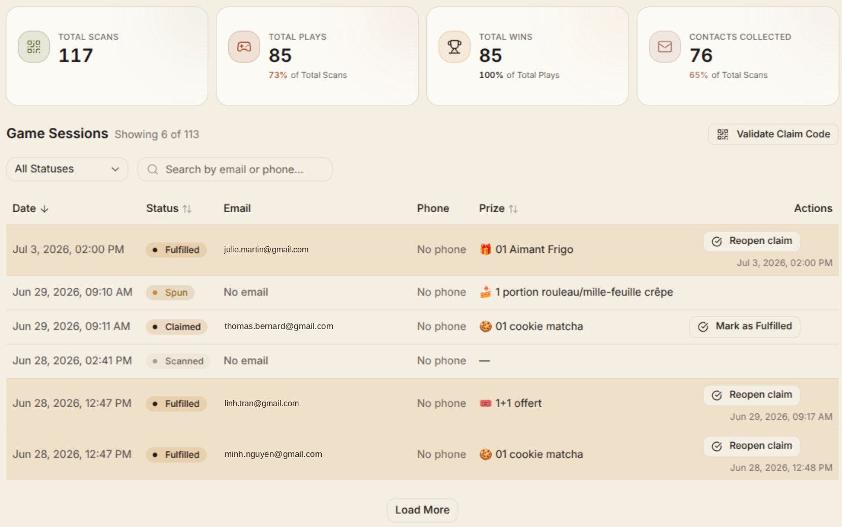 Your dashboard: scans, plays, wins and collected contacts