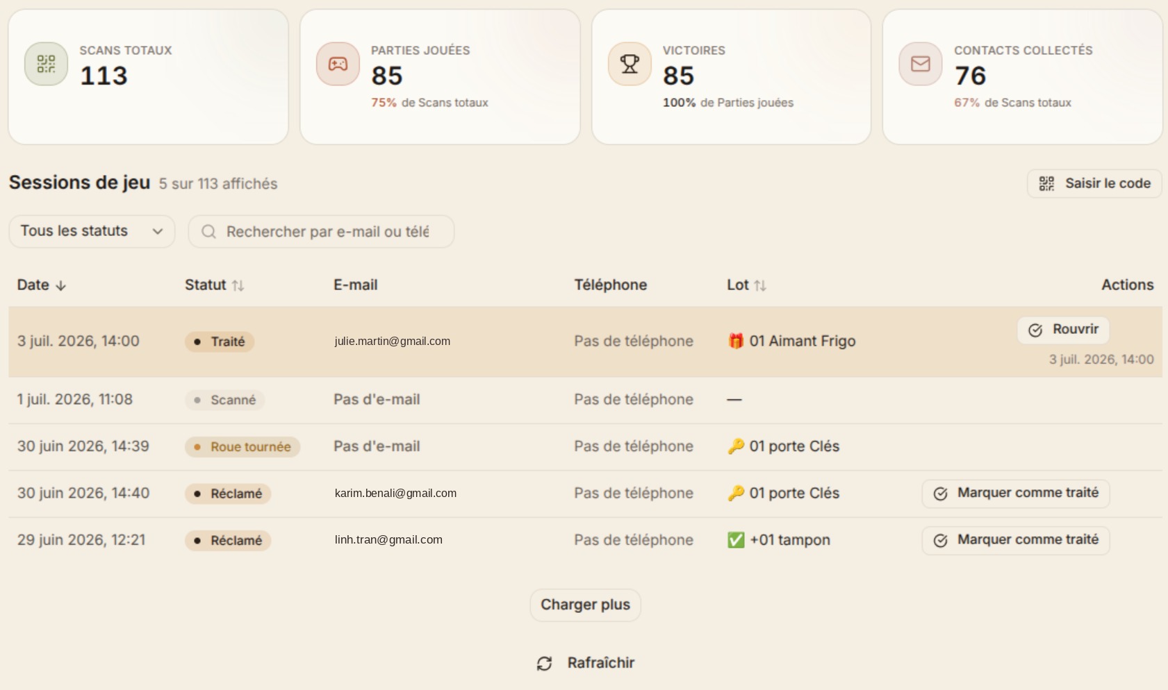 Your dashboard: scans, plays, wins and collected contacts